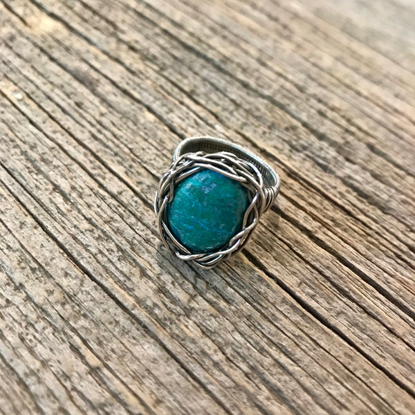 Chrysocolla and Sterling Silver Nest Ring Sz 8 Item# R1800-12